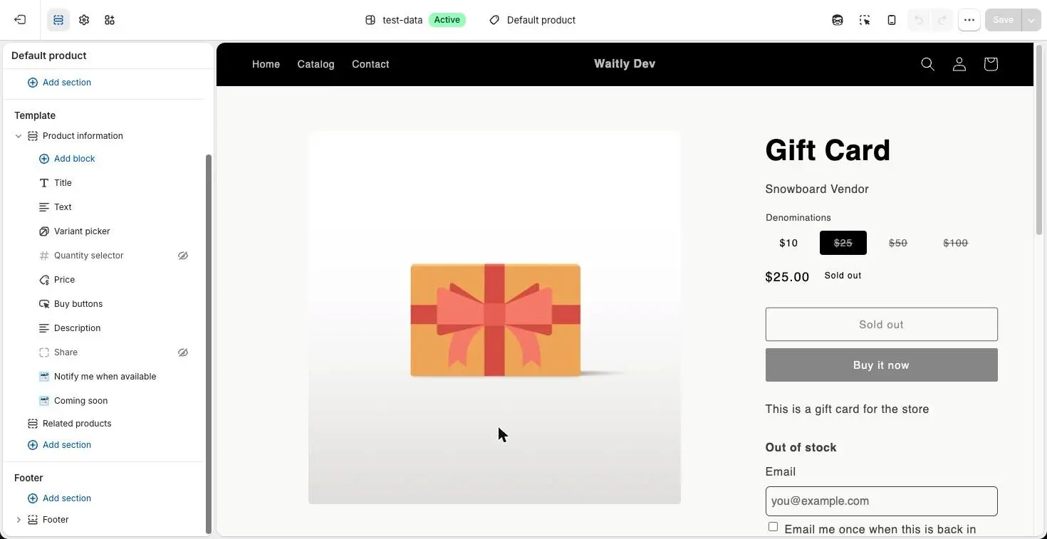 The Shopify theme editor on the default product template, with the Notify me when available block listed in the product section on the left and a sold-out product previewed on the right, the Out of stock form starting below its description.