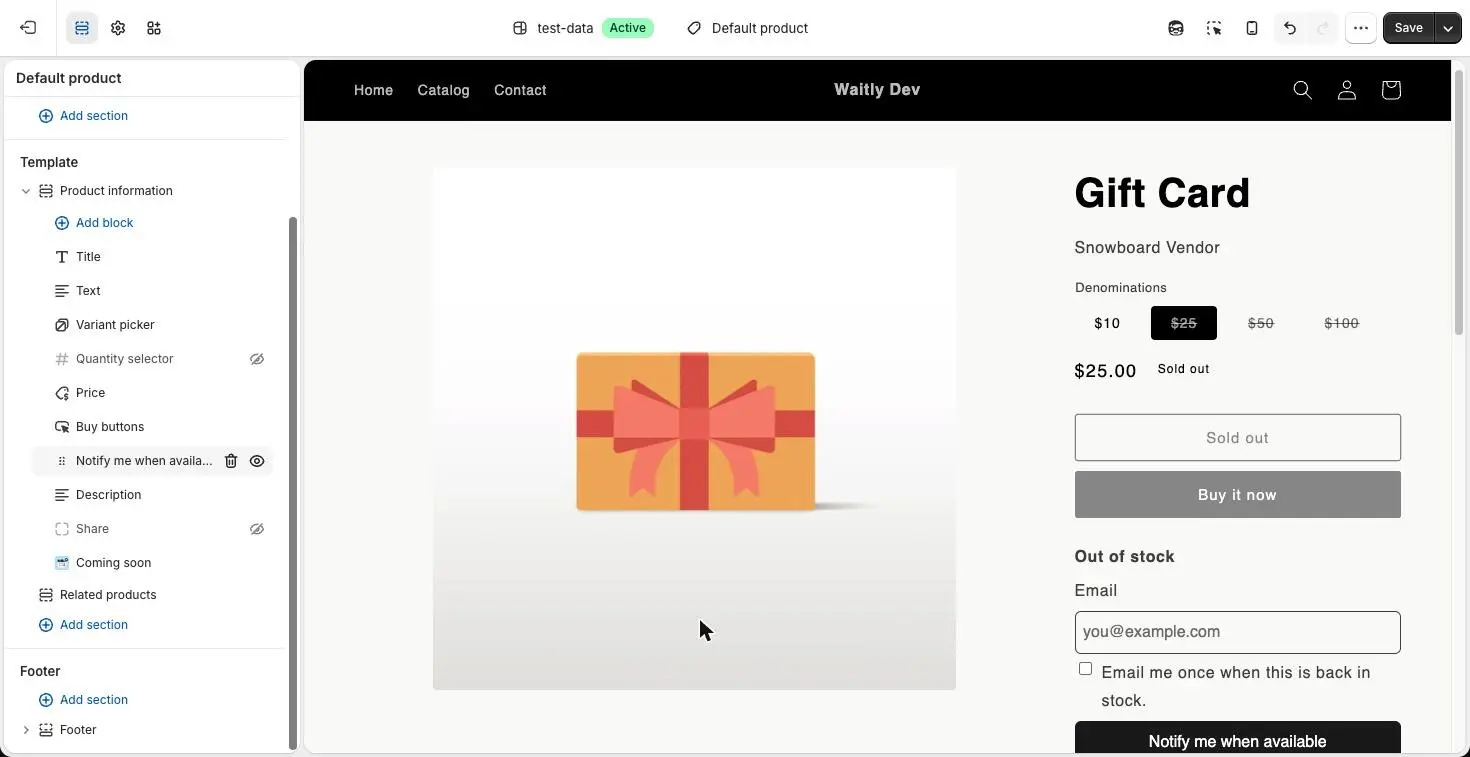 The theme editor with the Notify me when available block moved to just below Buy buttons in the block list, and the preview showing the Out of stock form under the buy buttons of a sold-out variant.
