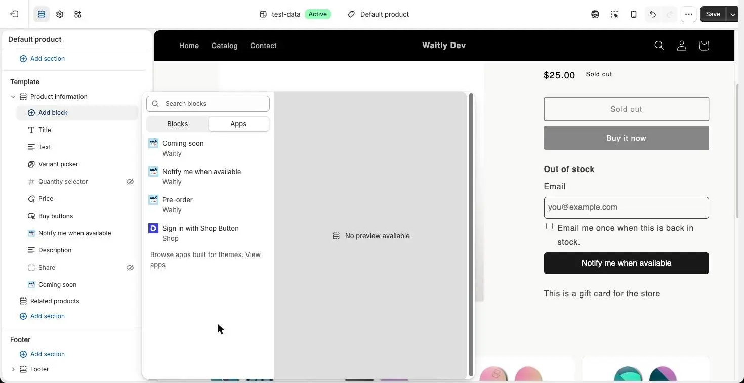 The theme editor’s Add block menu on the Apps tab, listing Waitly’s Coming soon, Notify me when available and Pre-order blocks.