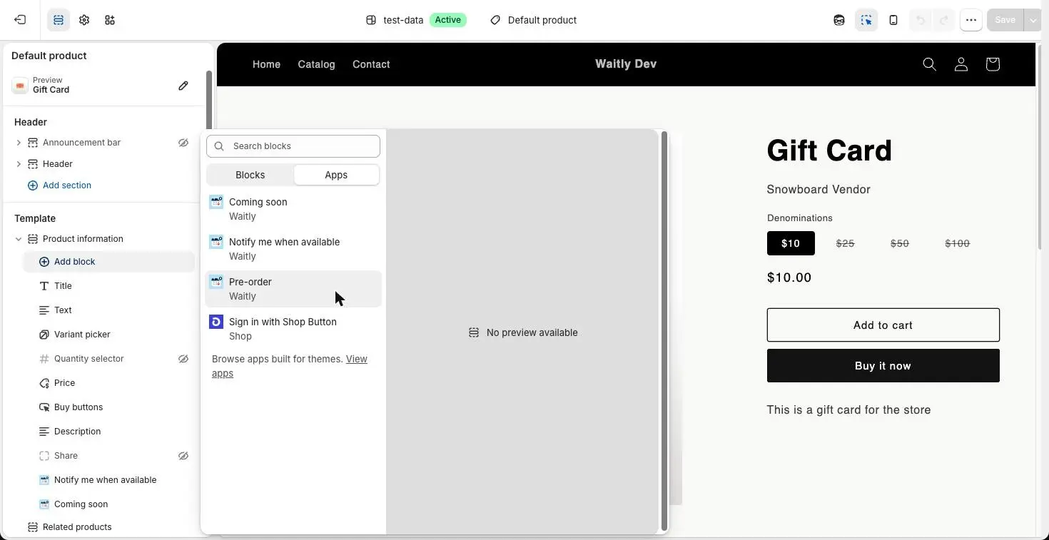 The Shopify theme editor’s Add block menu with the Apps tab open, listing Waitly’s Coming soon, Notify me when available and Pre-order blocks.