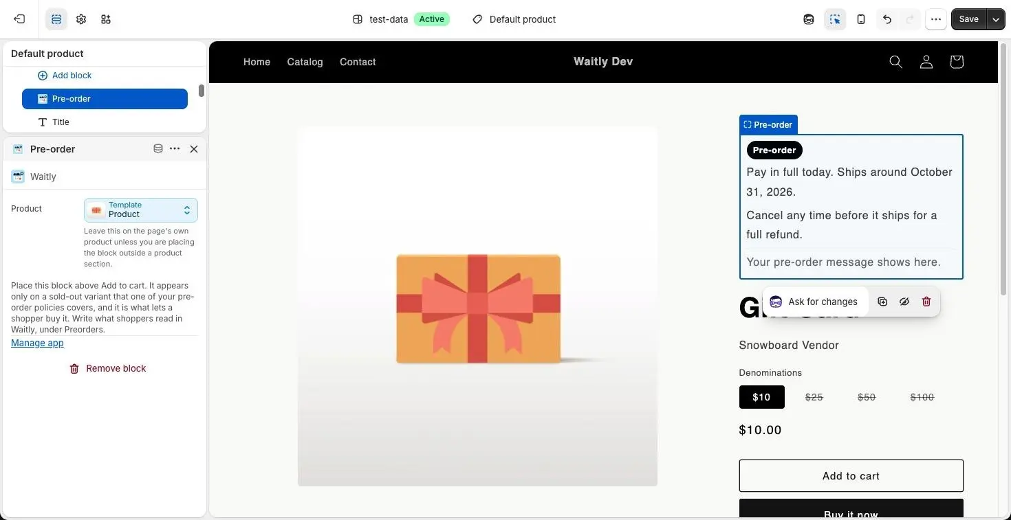 The theme editor just after adding the Pre-order block: it is selected at the top of the block list, its settings say to place it above Add to cart, and the preview shows its sample Pre-order badge, pay-in-full line, cancel terms and message.