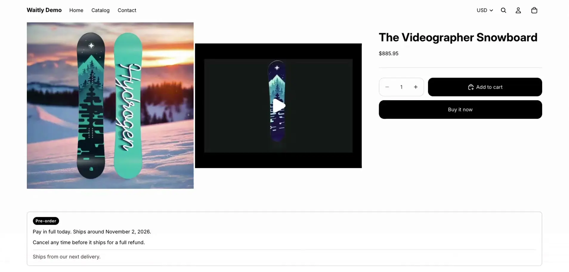 A sold-out product page on a Horizon theme store, with Add to cart and Buy it now buttons and the Pre-order block: a Pre-order badge, Pay in full today. Ships around November 2, 2026, Cancel any time before it ships for a full refund, and the message Ships from our next delivery.