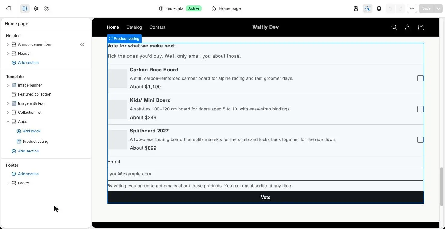 The Shopify theme editor on the home page, with the Product voting block under Apps in the sidebar and, in the preview, three proposals with tick boxes, an email field and a Vote button.