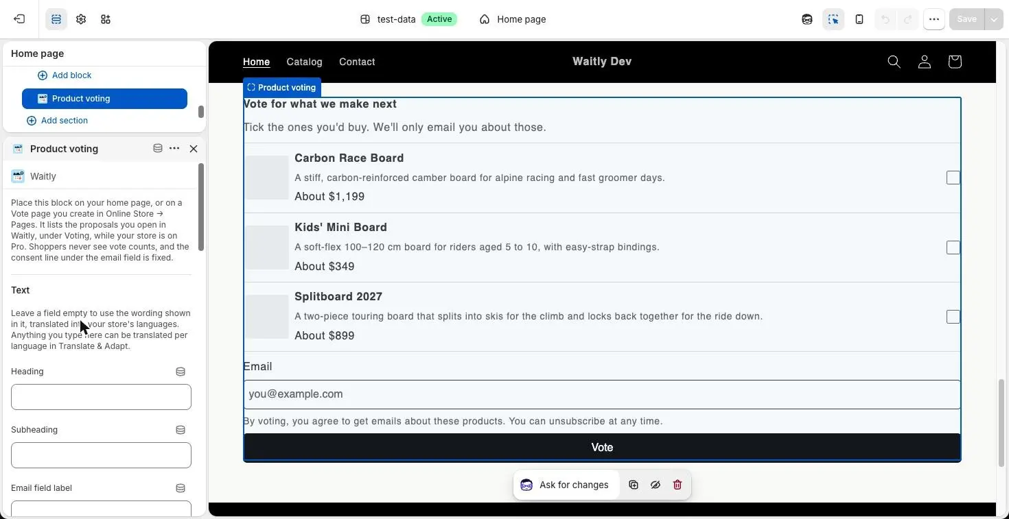 The Product voting block’s settings in the theme editor, with the Heading, Subheading and Email field label fields under Text, and the block outlined in the preview.