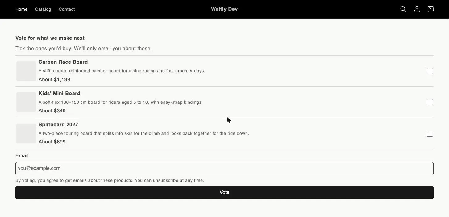 The Product voting block on the store’s home page, with three proposals to tick, each with a title, description and planned price, an email field, the consent line and a Vote button.