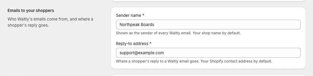 The Emails to your shoppers group in Waitly Settings, with the Sender name and Reply-to address fields.