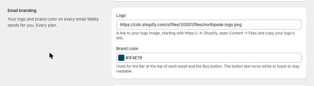 The Email branding group in Waitly Settings, with a Logo link filled in and a Brand color picker.