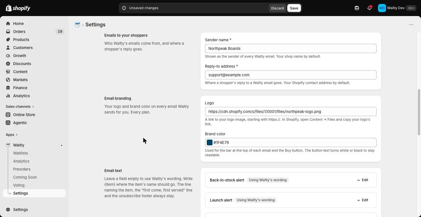 The Shopify admin with Waitly Settings open and the unsaved-changes bar at the top, showing Discard and Save.
