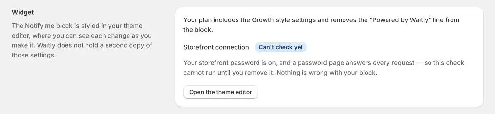 The Widget card at the top of Waitly Settings, with the Storefront connection line, its status badge and the Open the theme editor button.