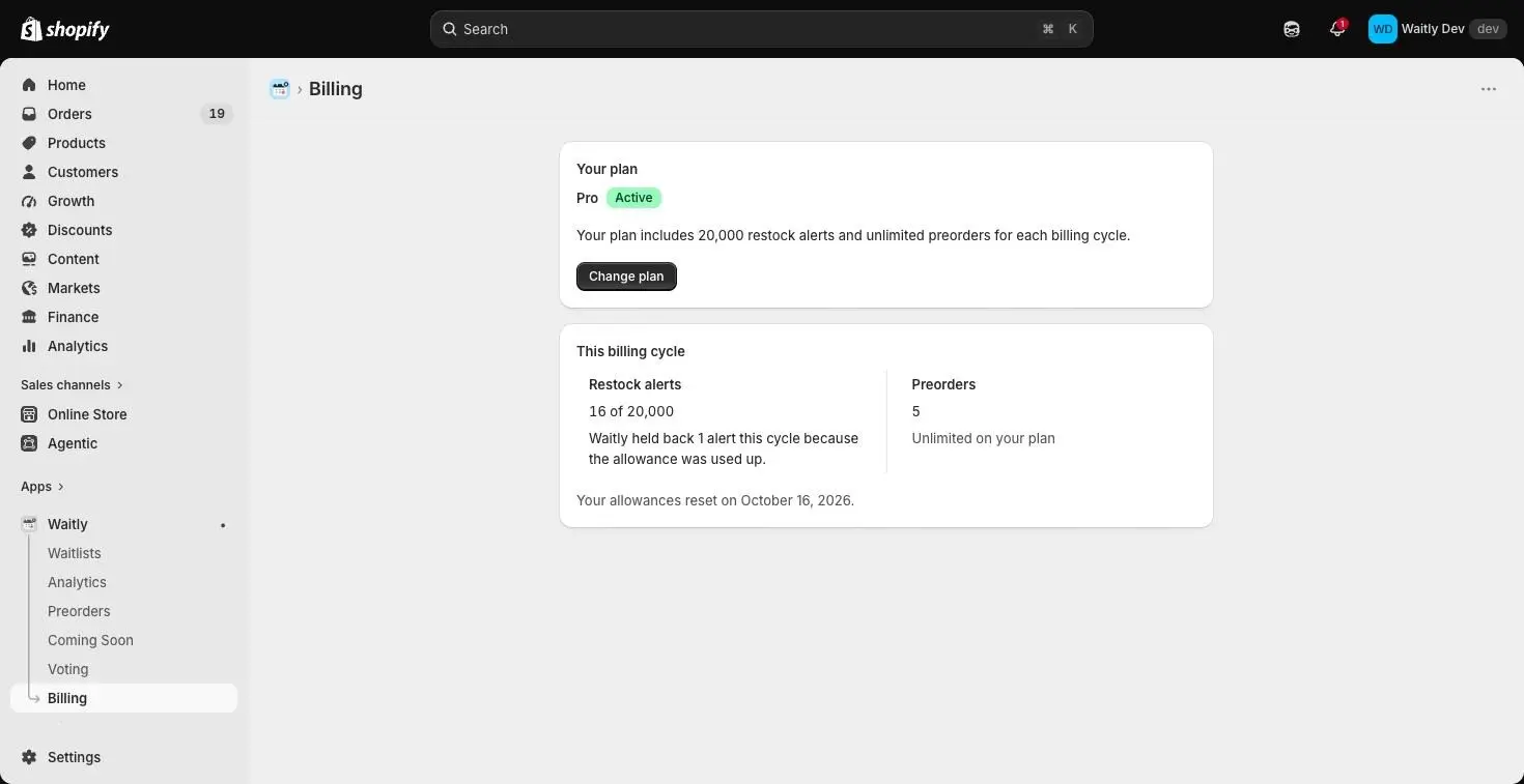 The Shopify admin with Waitly’s Billing page open and Billing selected in the Waitly menu.