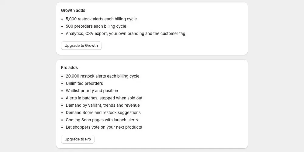 The Growth adds and Pro adds cards on Waitly’s Billing page for a store on the Free plan, each listing what the plan adds, with an Upgrade to Growth and an Upgrade to Pro button.