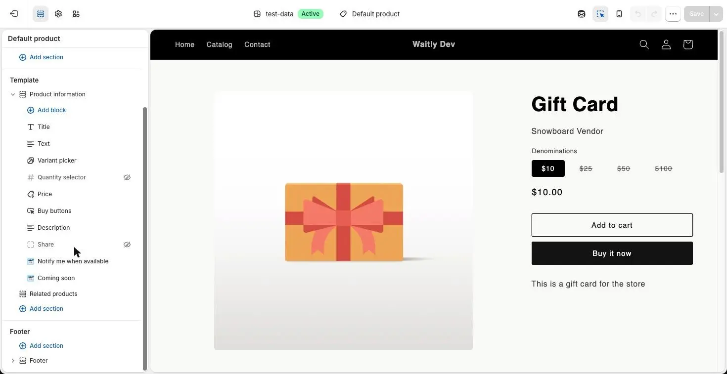 The Shopify theme editor on a product page, with the Coming soon block listed under Product information in the sidebar, below Buy buttons and Notify me when available.