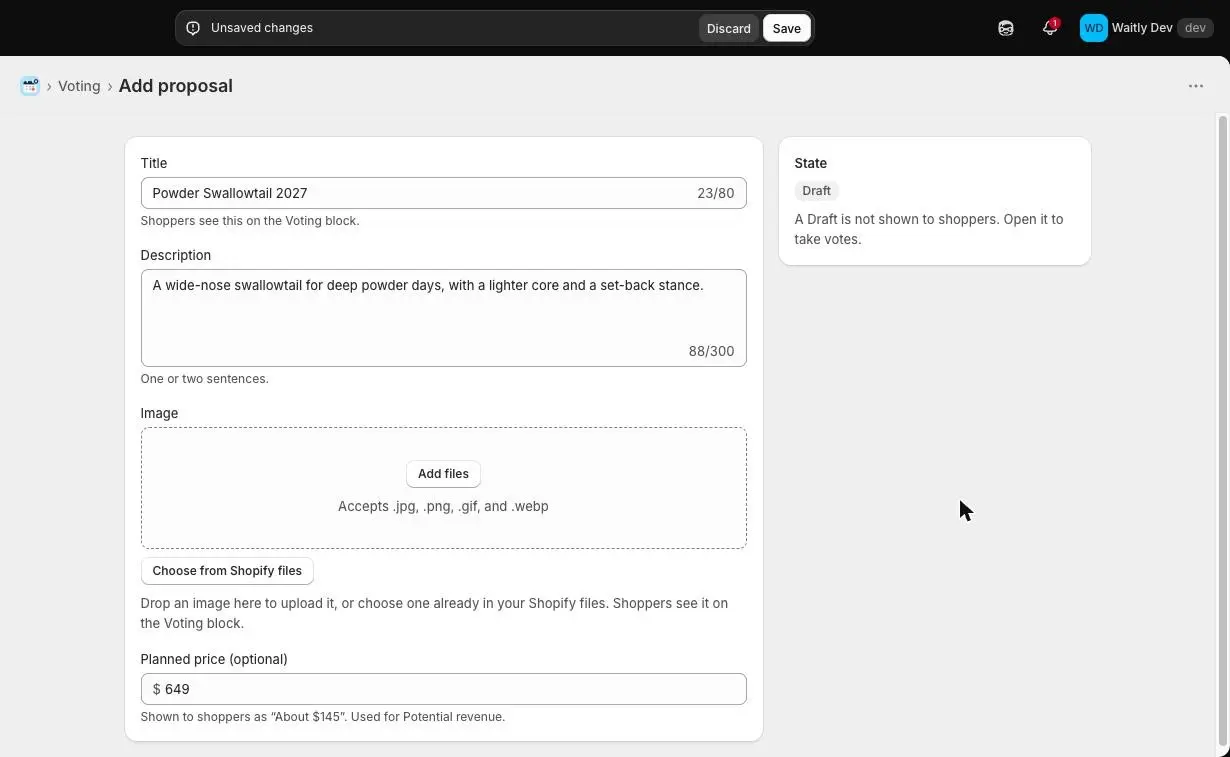 The Add proposal page with the Title and Description filled in, the Image and Planned price fields below, a State card on the right showing Draft, and the Discard and Save bar at the top.