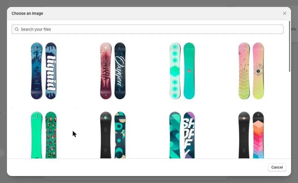 The Choose an image window, with a search field and a grid of images from the store’s Shopify files.