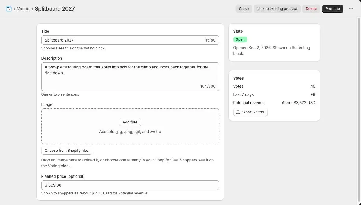 An open proposal in Waitly, with Close, Link to existing product, Delete and Promote actions at the top, the State card reading Open and the Votes card with 40 votes, +9 in the last 7 days, potential revenue and an Export voters button.