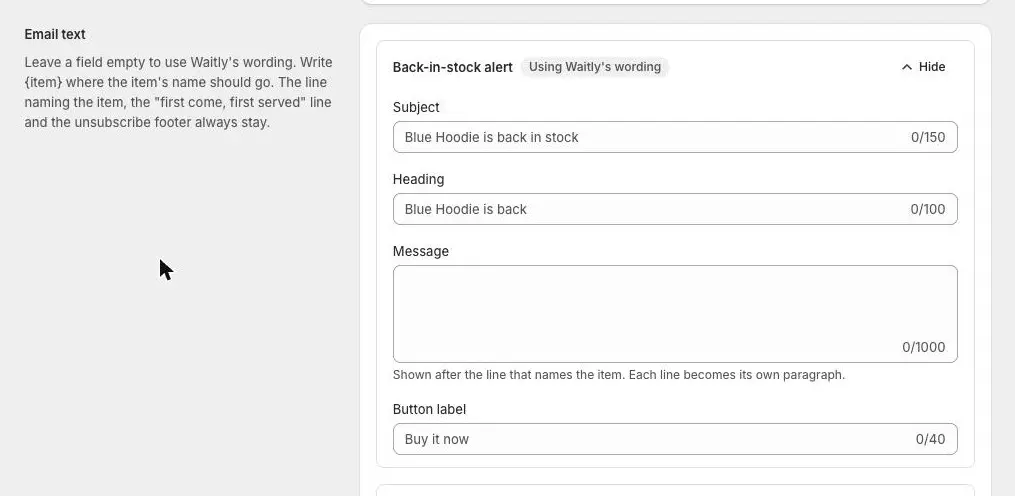 The Back-in-stock alert block opened, with Subject, Heading, Message and Button label fields. Subject, Heading and Button label show Waitly’s wording in gray, with Blue Hoodie as the example item.