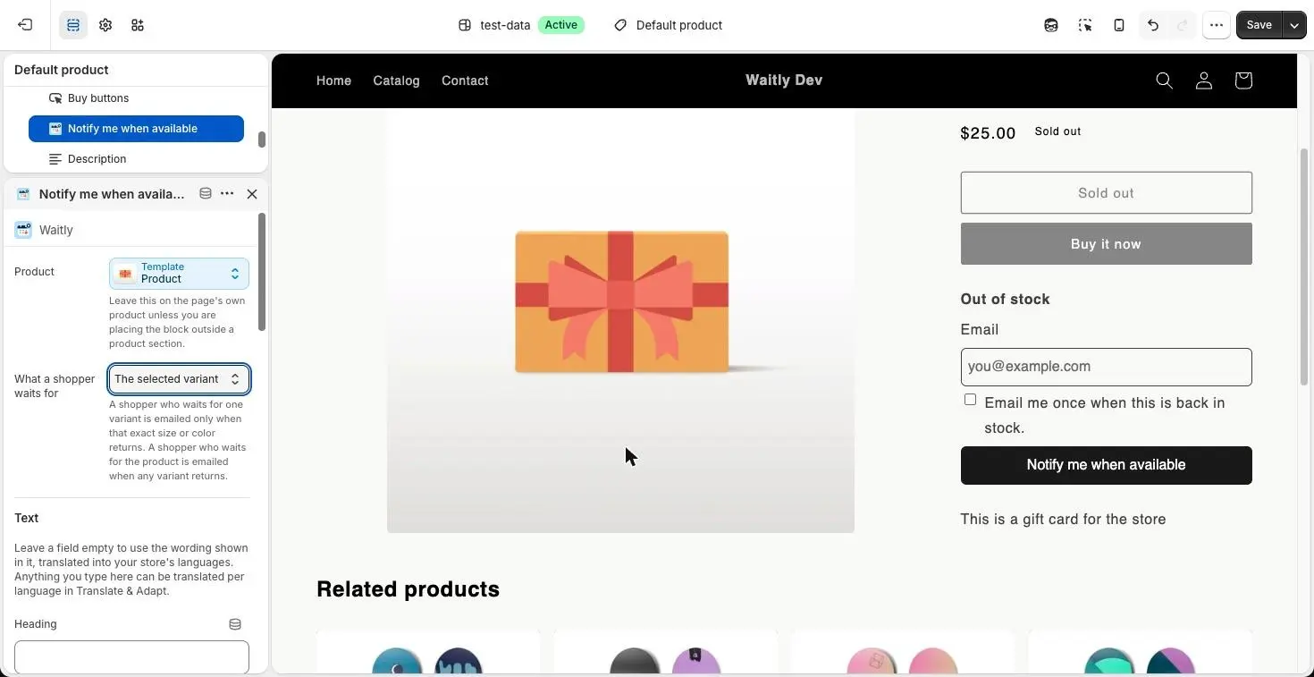 The theme editor with the Notify me when available block selected and its settings open in the sidebar, next to a preview of a sold-out product.