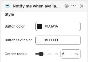 The Style settings of the Notify me block: Button color, Button text color and a Corner radius slider.