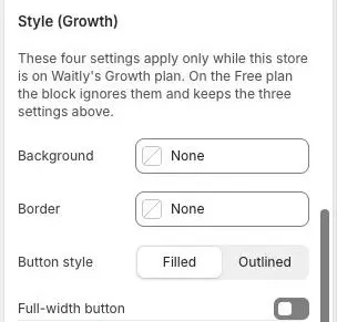 The Style (Growth) settings of the Notify me block: Background, Border, Button style and Full-width button.