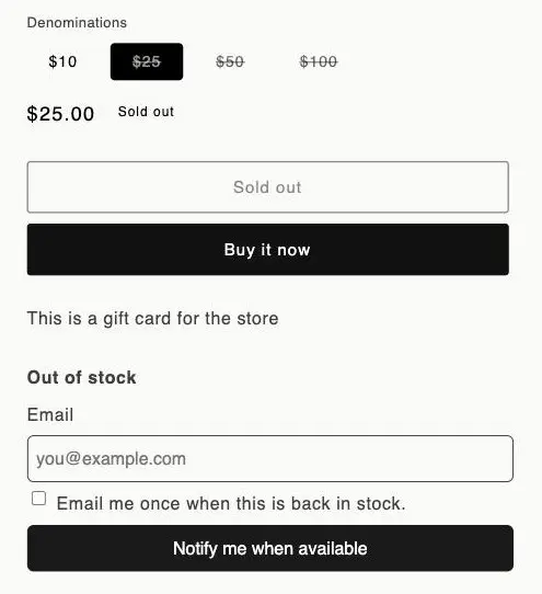 A sold-out variant on a storefront, with the Notify me form below the product description: Out of stock heading, Email field, consent checkbox and Notify me when available button, and no Powered by Waitly line.