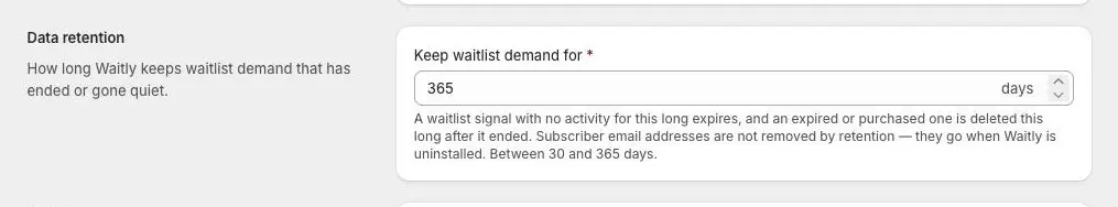 The Data retention group in Waitly Settings, with the Keep waitlist demand for field set to 365 days.