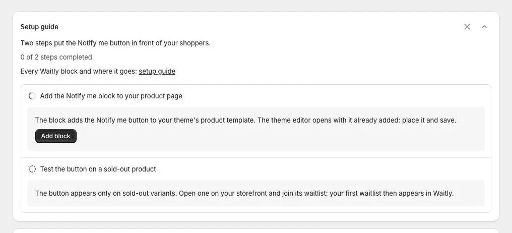 The Setup guide card on Home showing 0 of 2 steps completed, with its two steps: Add the Notify me block to your product page, and Test the button on a sold-out product.