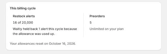 The This billing cycle card on the Billing page, showing restock alerts and preorders used against the plan’s allowance.