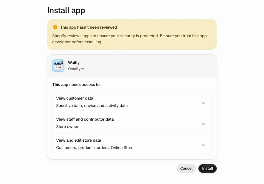 Shopify’s Install app screen for Waitly by OctaByte. Under This app needs access to, it lists View customer data, View staff and contributor data, and View and edit store data, with Cancel and Install buttons below.