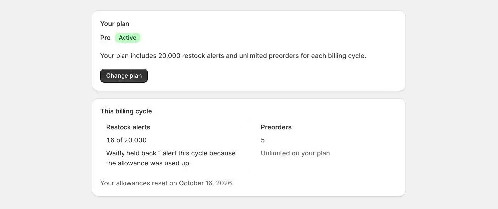 The Billing page of a store on the Pro plan: the Your plan card with the plan name, an Active badge and the Change plan button, and the This billing cycle card below it.