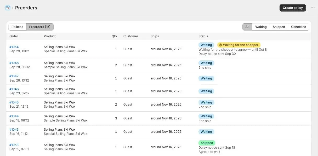 The Preorders view: a Policies and Preorders (15) switch, the All, Waiting, Shipped and Cancelled filters, and a table with Order, Product, Qty, Customer, Ships and Status columns.