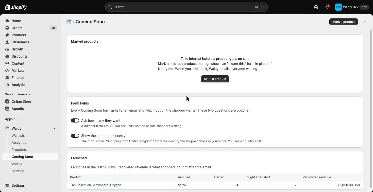 The Coming Soon page in Waitly, with the Mark a product button at the top right, an empty Marked products card, the Form fields card and the Launched list below.