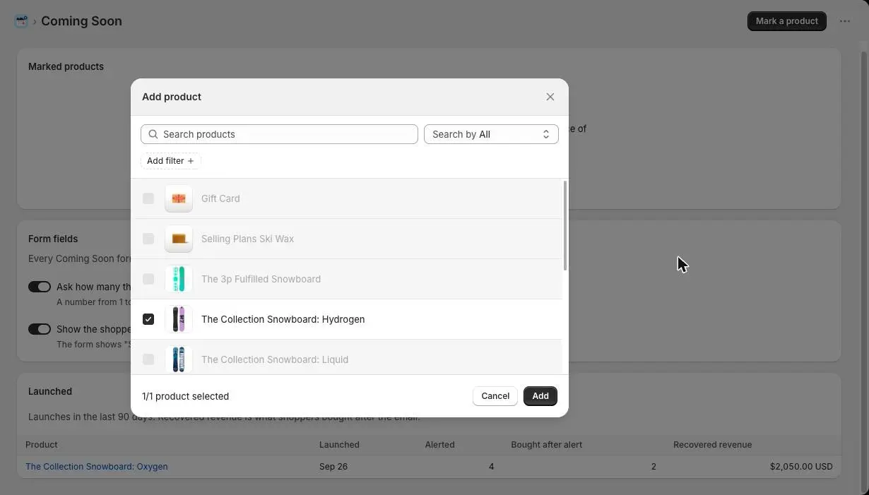 Shopify’s Add product picker open over the Coming Soon page, with The Collection Snowboard: Hydrogen ticked and the Add button ready.