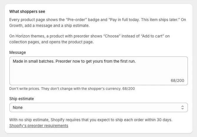 The What shoppers see card with a message typed in the Message box, its character counter, and the Ship estimate menu.