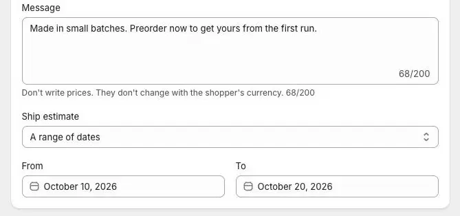 Ship estimate set to A range of dates, with From and To date fields filled in.