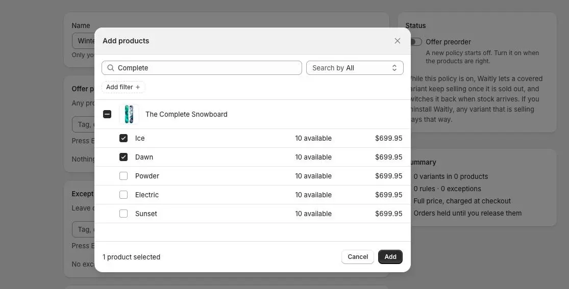 Shopify’s product picker open over the policy editor, with one product ticked and two of its variants selected.