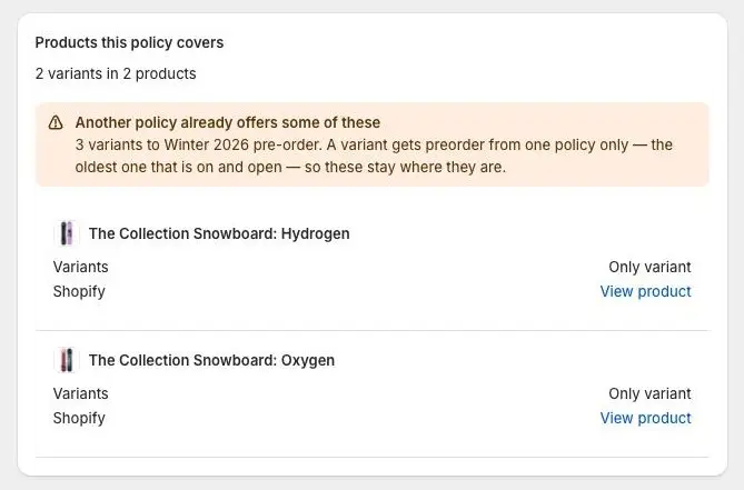 An orange banner in the coverage card reading Another policy already offers some of these, naming the older policy and how many variants it keeps.