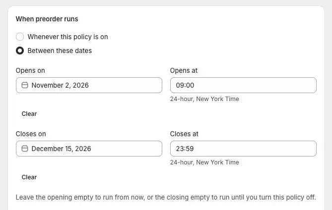 Between these dates selected, with Opens on, Opens at, Closes on and Closes at filled in and the store’s time zone named under the time fields.