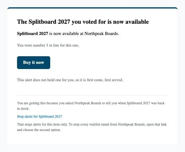 The launch email a voter receives, headed “The Splitboard 2027 you voted for is now available”, with a Buy it now button.