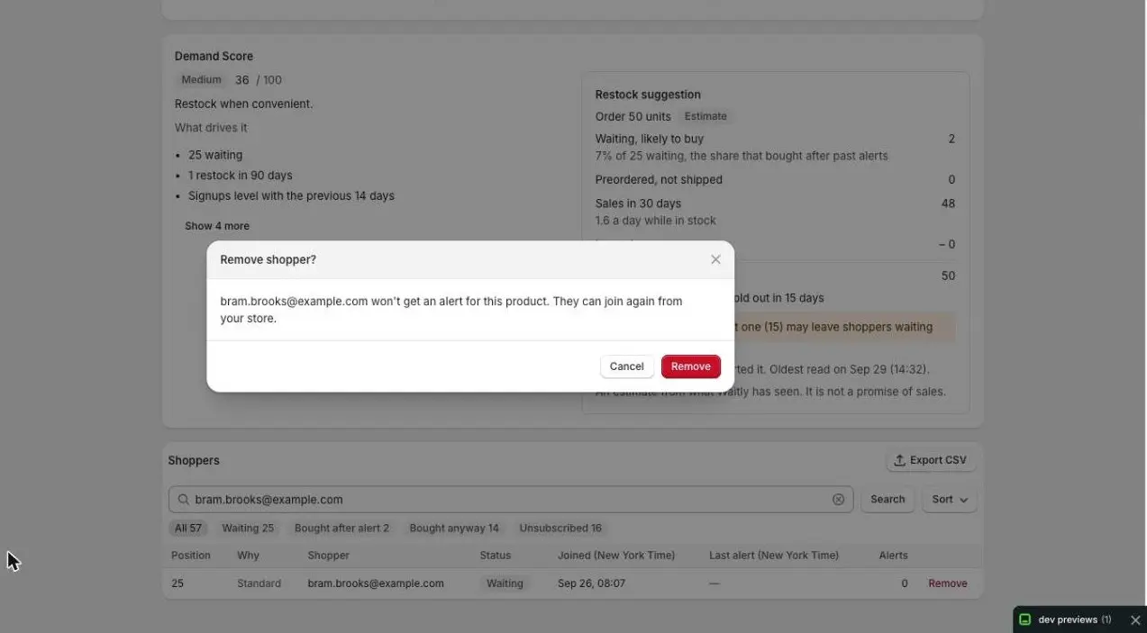 The Remove shopper? window: “bram.brooks@example.com won’t get an alert for this product. They can join again from your store.” with Cancel and Remove buttons.