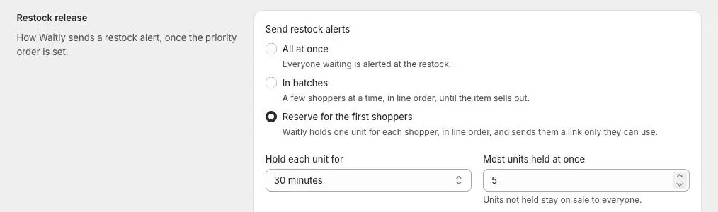 The Restock release section of Waitly Settings with Reserve for the first shoppers selected and the hold fields under it.