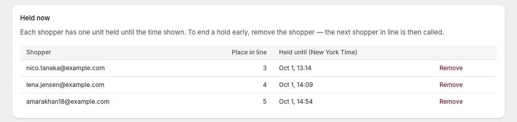 The Held now card on a waitlist, listing three shoppers with their place in line, the time each hold ends in New York Time, and a Remove link.
