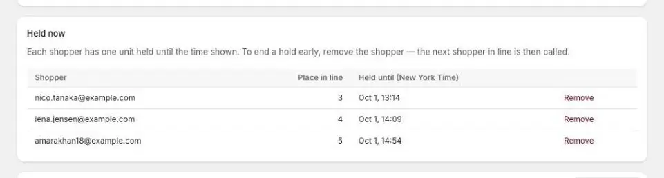 The Held now card: a short note and a table of three shoppers with their place in line, the time their hold ends, and a Remove link.