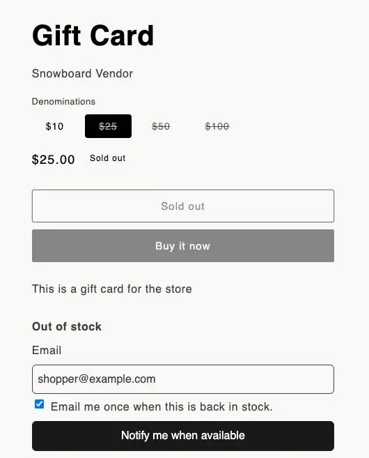 The Notify me form on the product page, with shopper@example.com typed in the Email field and the consent box ticked, above the Notify me when available button.