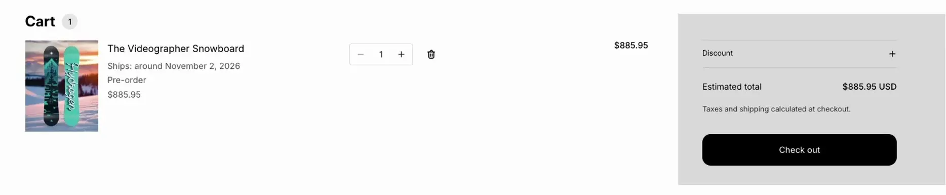The cart with one item, The Videographer Snowboard, and the lines Ships: around November 2, 2026 and Pre-order under its name, next to the estimated total and the Check out button.