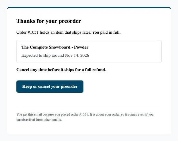 The Preorder receipt email, headed Thanks for your preorder, with a card for the item and its expected ship date, the cancel terms and a Keep or cancel your preorder button.