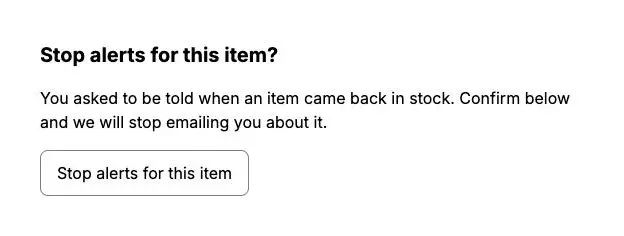 The Email preferences page asking Stop alerts for this item?, with a Stop alerts for this item button.
