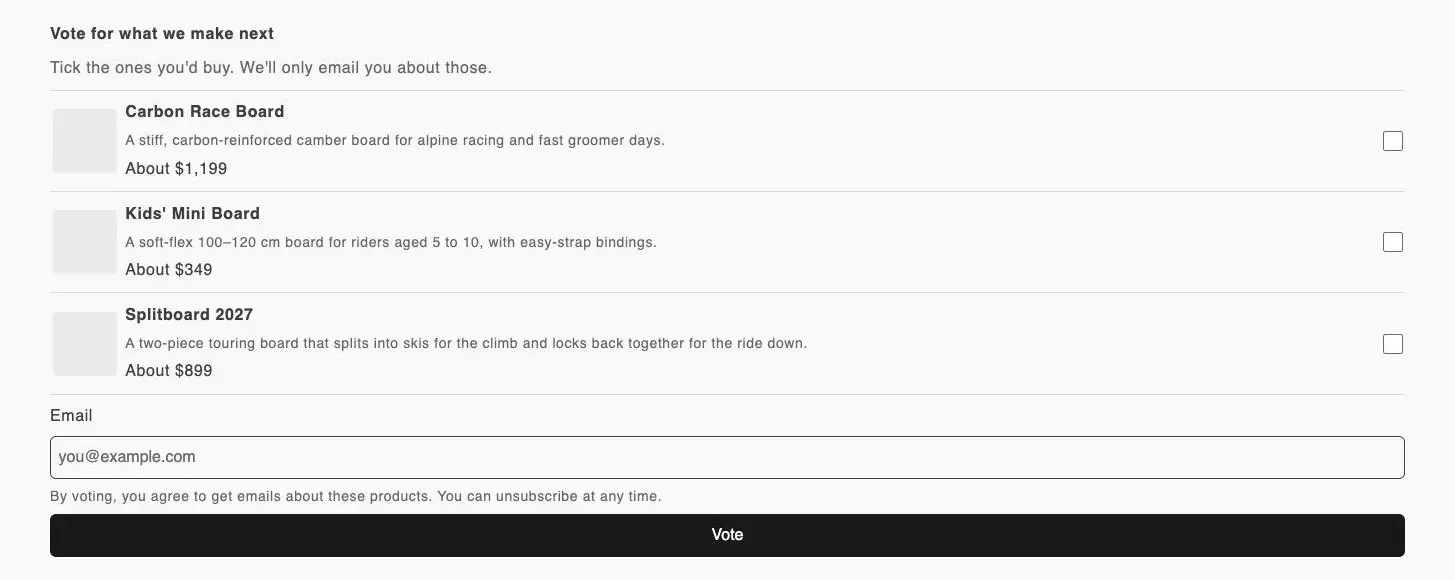 The Product voting block on the storefront, headed Vote for what we make next, listing three proposals with an image placeholder, title, description, planned price and a tick box each, then an Email field and a Vote button.