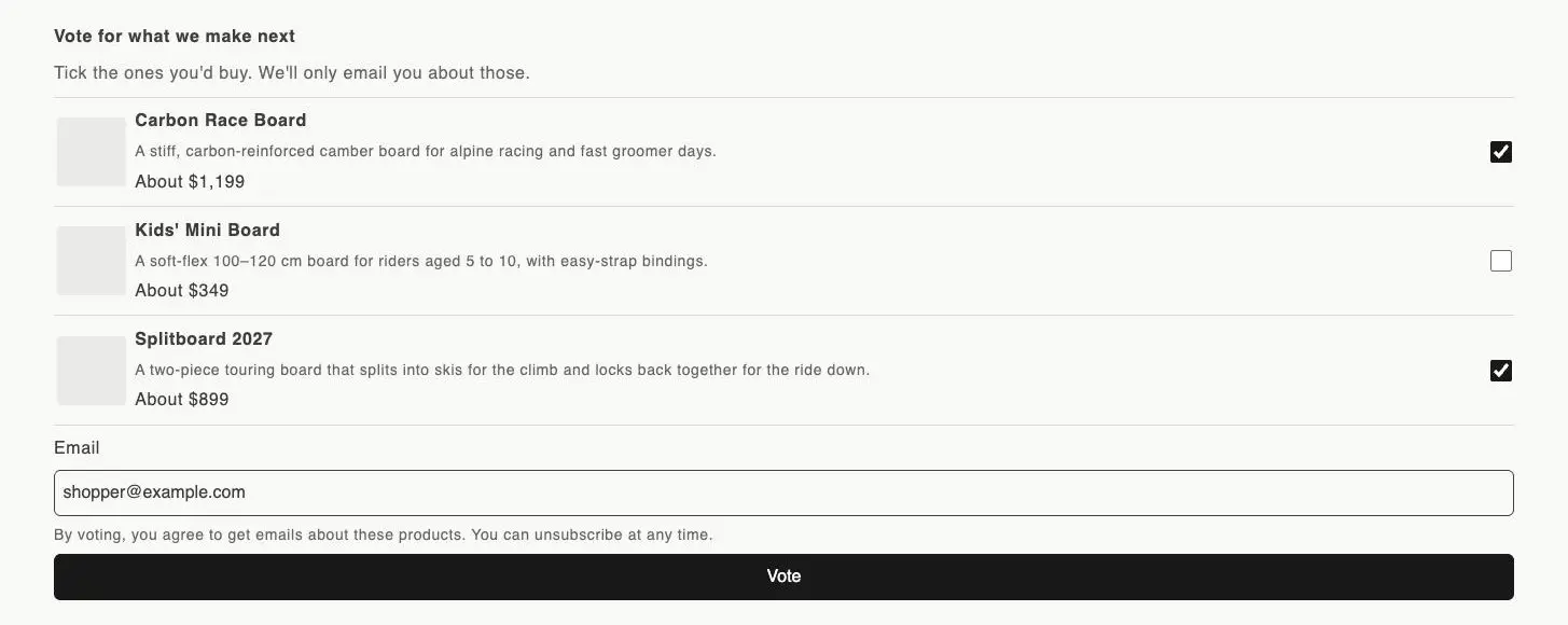 The voting block with two proposals ticked, Carbon Race Board and Splitboard 2027, and shopper@example.com typed in the Email field above the Vote button.