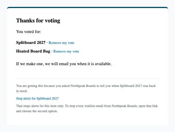The vote confirmation email, headed Thanks for voting, listing two products each with a Remove my vote link.
