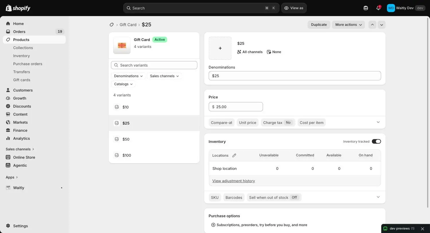 A variant’s page in the Shopify admin, with Inventory tracked on, 0 available at the shop location and Sell when out of stock set to Off.